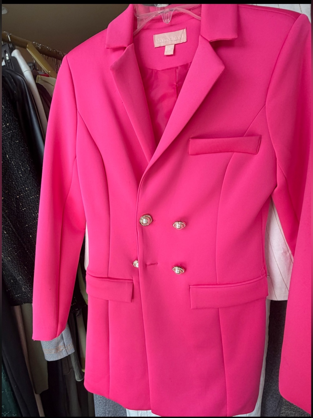 Vibrant fuchsia Pink Double-Breasted blazer mini dress Pearl Buttons - Picture 3 of 3